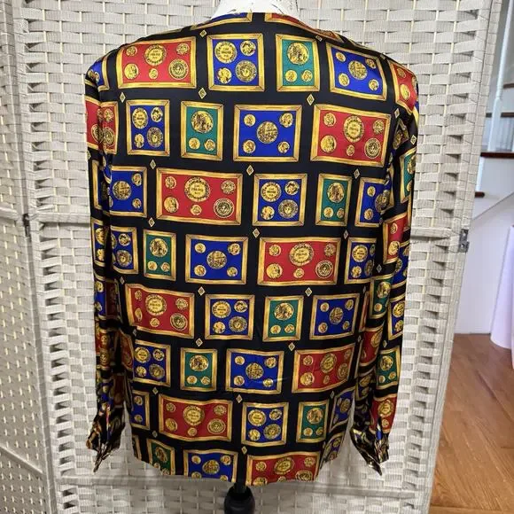 Vintage Talbots Petites Silk Blouse Size 14P Novelty Money Print French Cuffs - Picture 3 of 11
